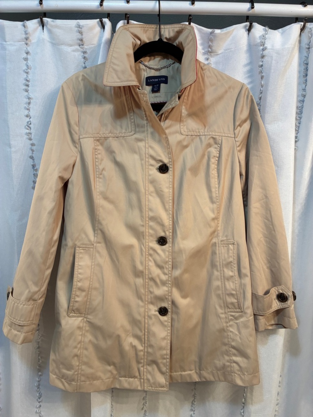 Short stylish tan trench coat Lands End small